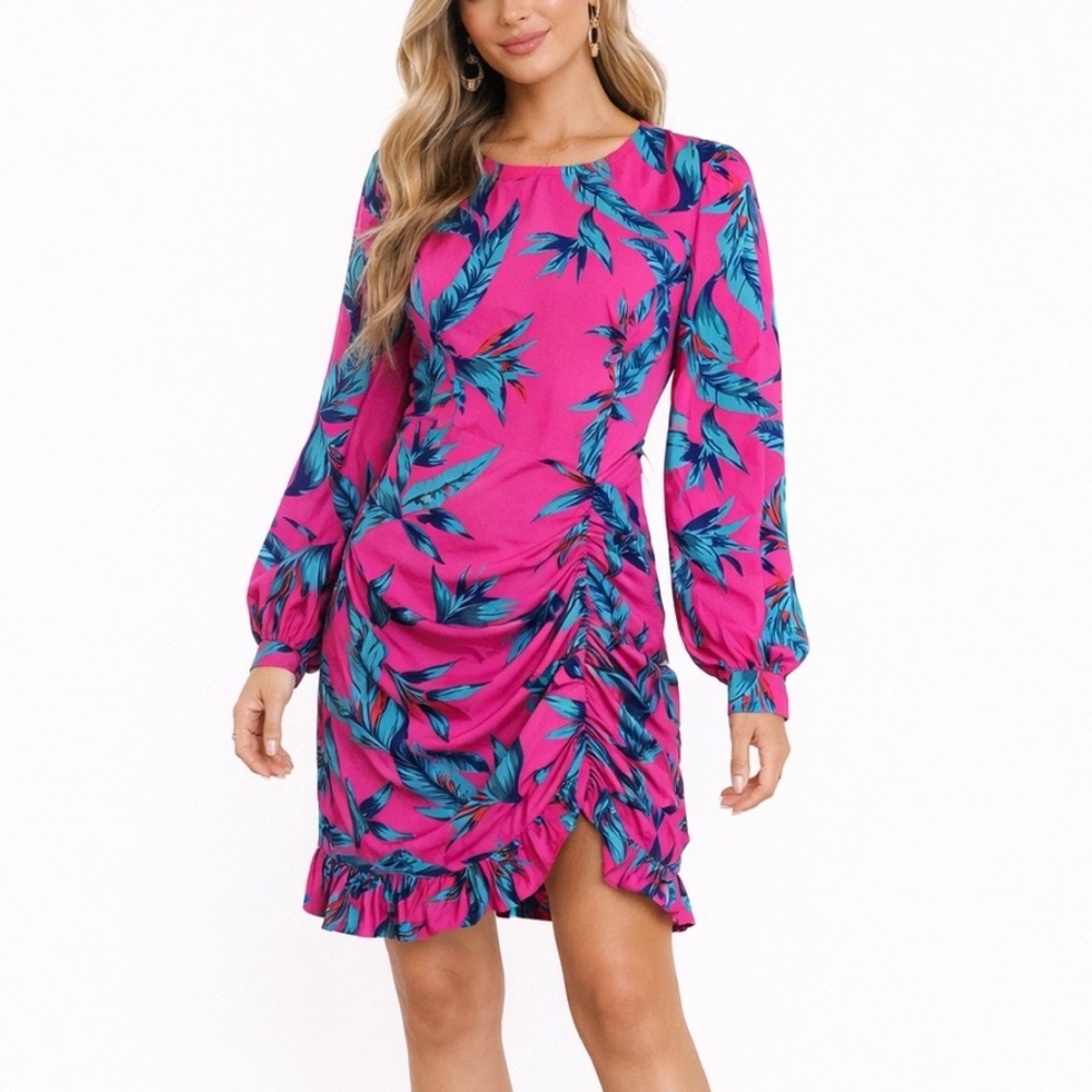 Pink Tropical Leaf Print Ruffle Hem Dress Long Sleeve | Medium
